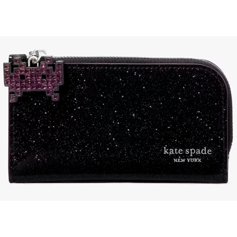 S Kate Spade Space Invaders Small Slim Bifold Black Leather Wallet KI755 NWT
